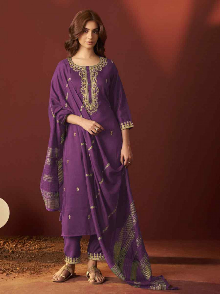 Image of Purple Chinon Embroidery Party Wedding Festival Casual Ready Pant Salwar Kameez