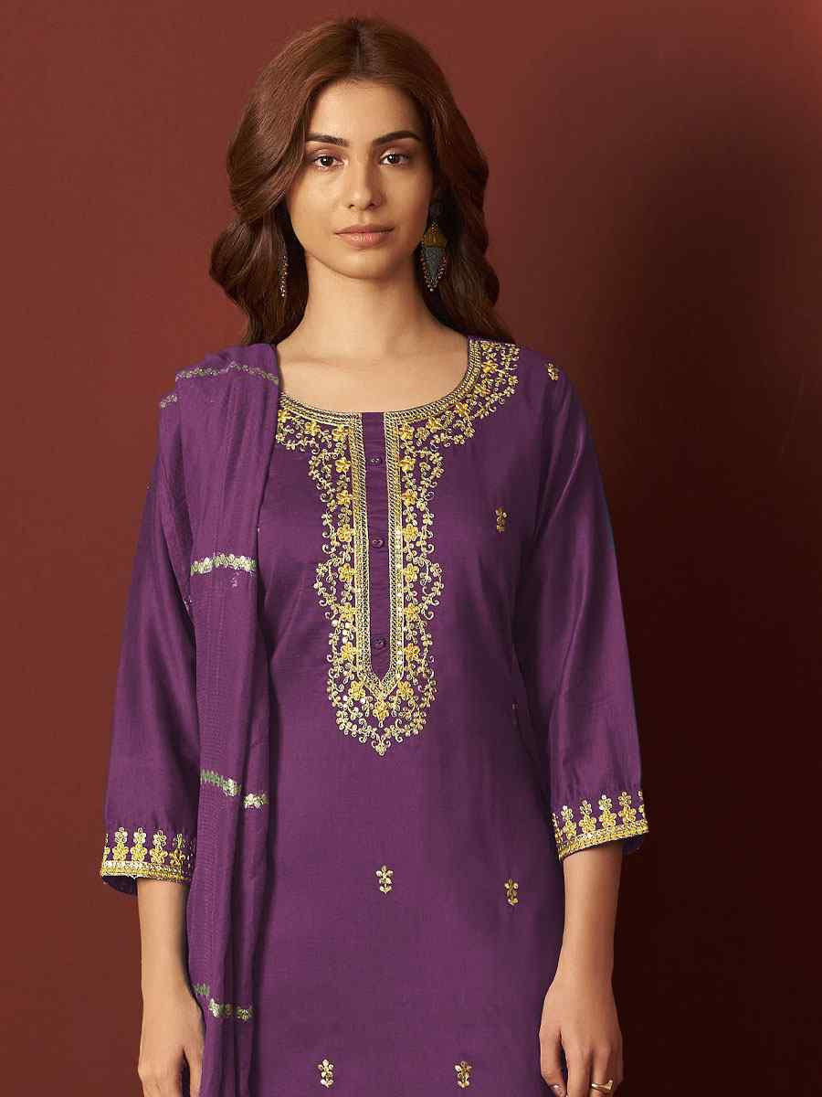 Purple Chinon Embroidery Party Wedding Festival Casual Ready Pant Salwar Kameez