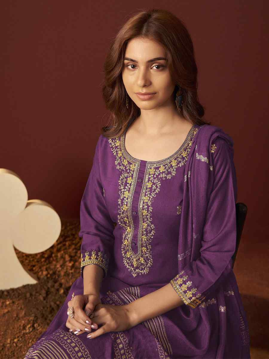 Purple Chinon Embroidery Party Wedding Festival Casual Ready Pant Salwar Kameez