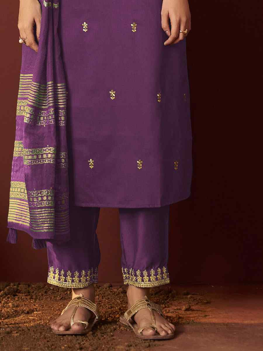 Purple Chinon Embroidery Party Wedding Festival Casual Ready Pant Salwar Kameez
