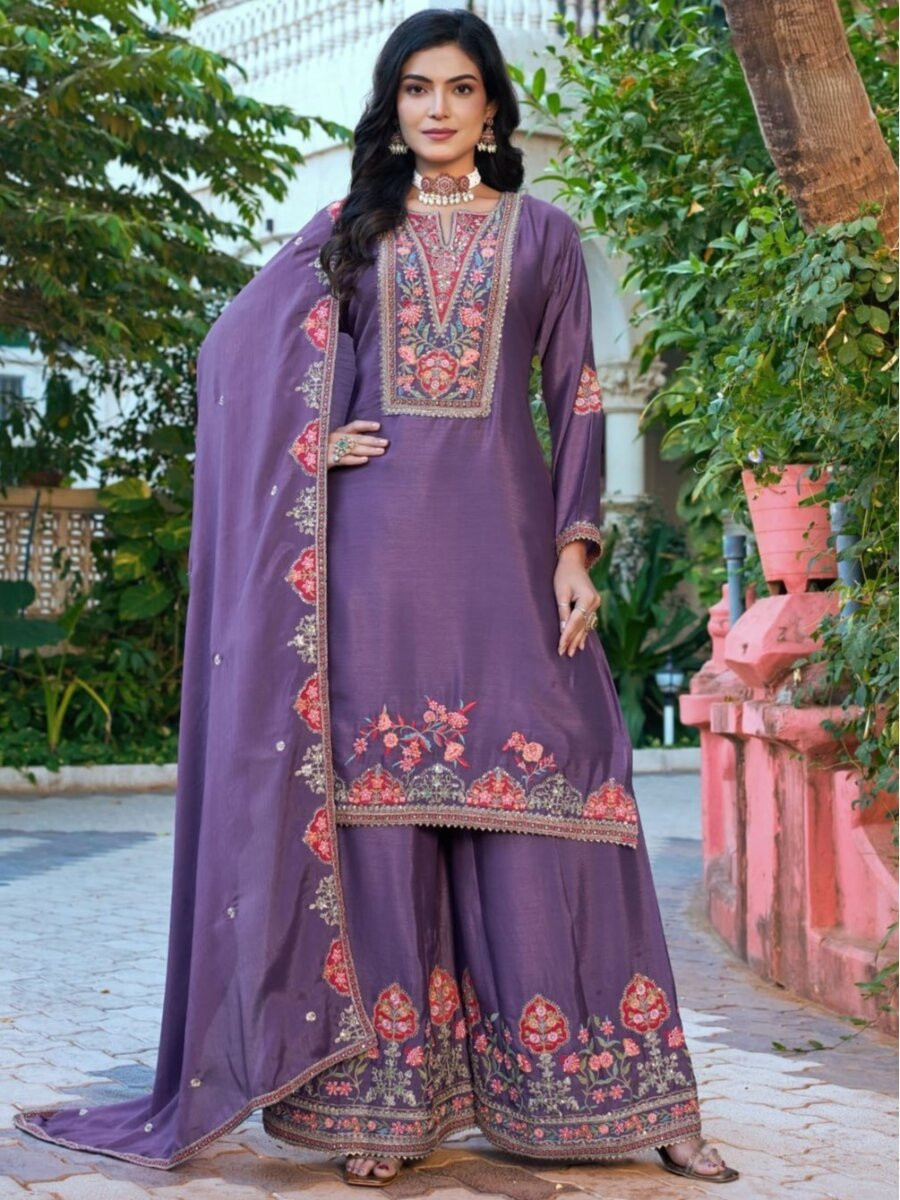 Purple Chinon Embroidery Sequins Wedding Party Festival Casual Ready Palazzo Pant Salwar Kameez