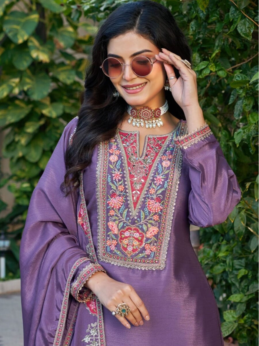 Purple Chinon Embroidery Sequins Wedding Party Festival Casual Ready Palazzo Pant Salwar Kameez