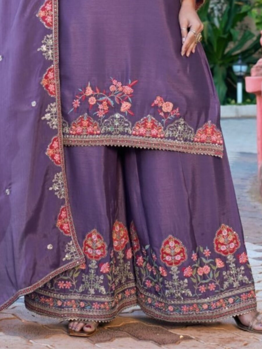 Purple Chinon Embroidery Sequins Wedding Party Festival Casual Ready Palazzo Pant Salwar Kameez