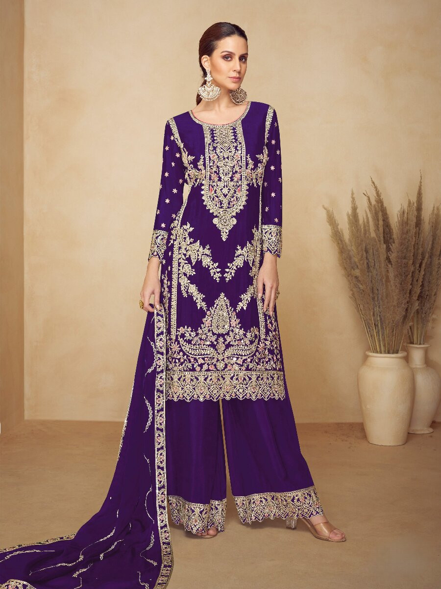 Purple Chinon Embroidery Wedding Party Festival Casual Palazzo Pant Salwar Kameez