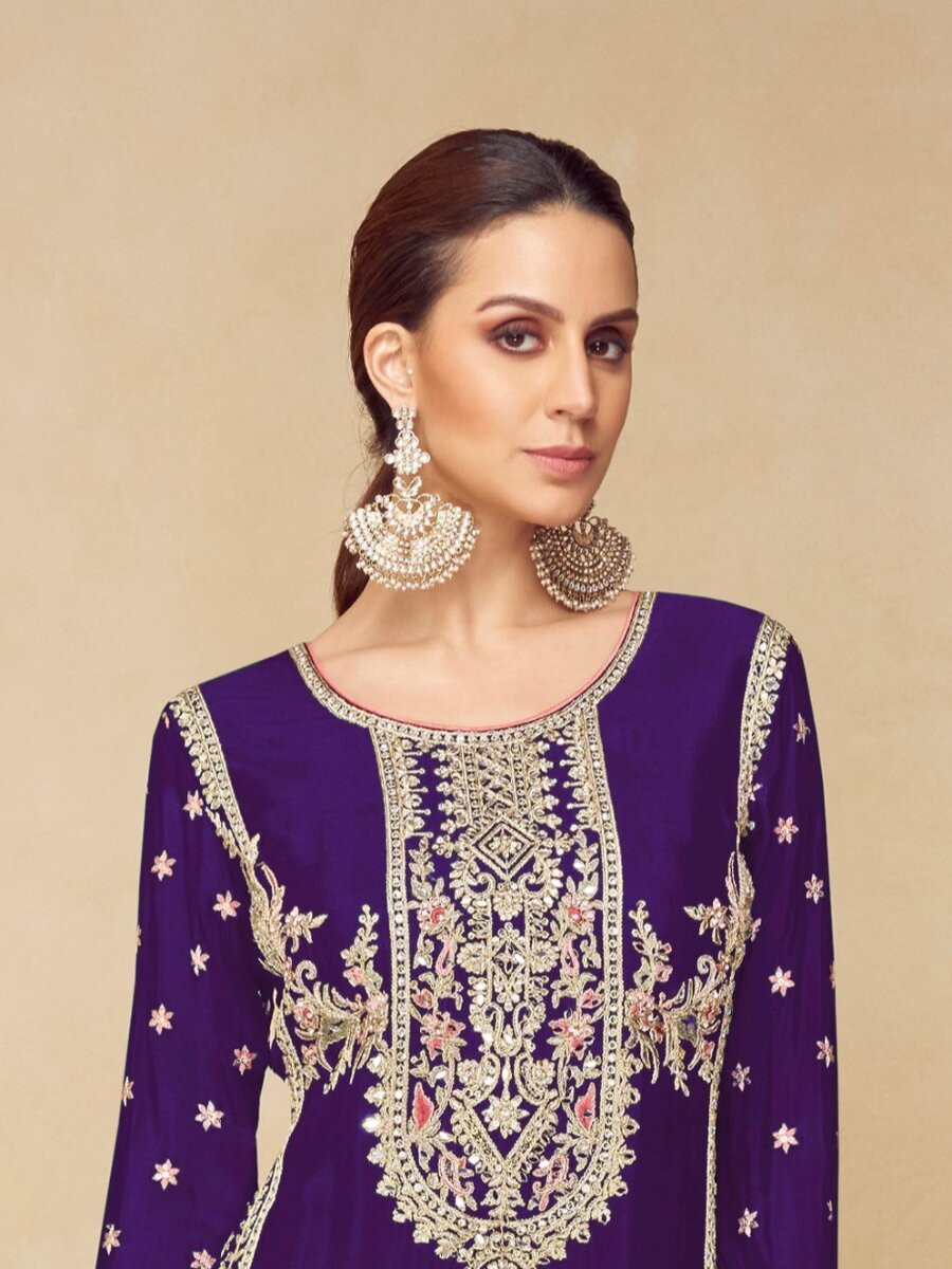 Purple Chinon Embroidery Wedding Party Festival Casual Palazzo Pant Salwar Kameez
