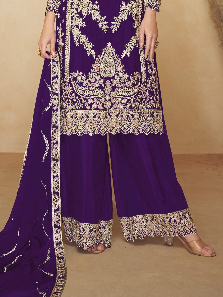 Purple Chinon Embroidery Wedding Party Festival Casual Palazzo Pant Salwar Kameez