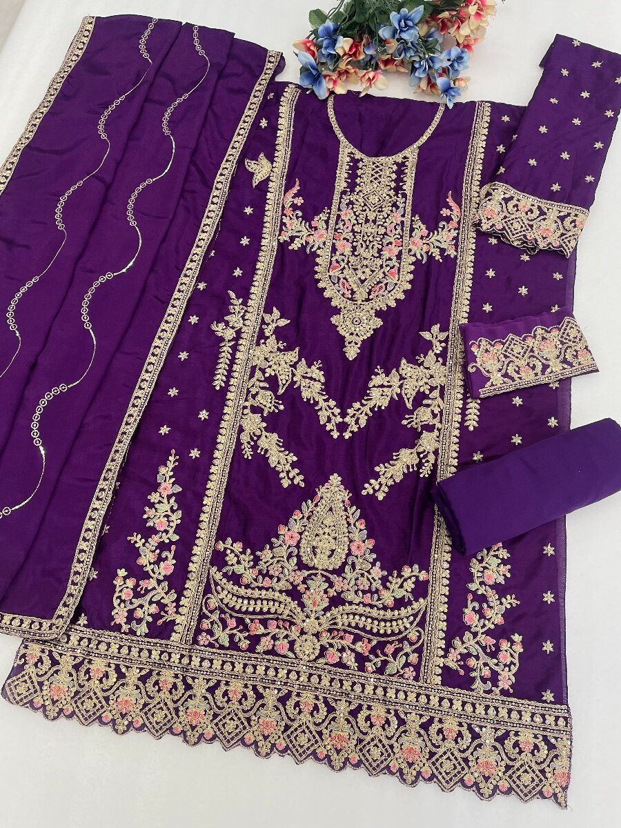 Purple Chinon Embroidery Wedding Party Festival Casual Palazzo Pant Salwar Kameez