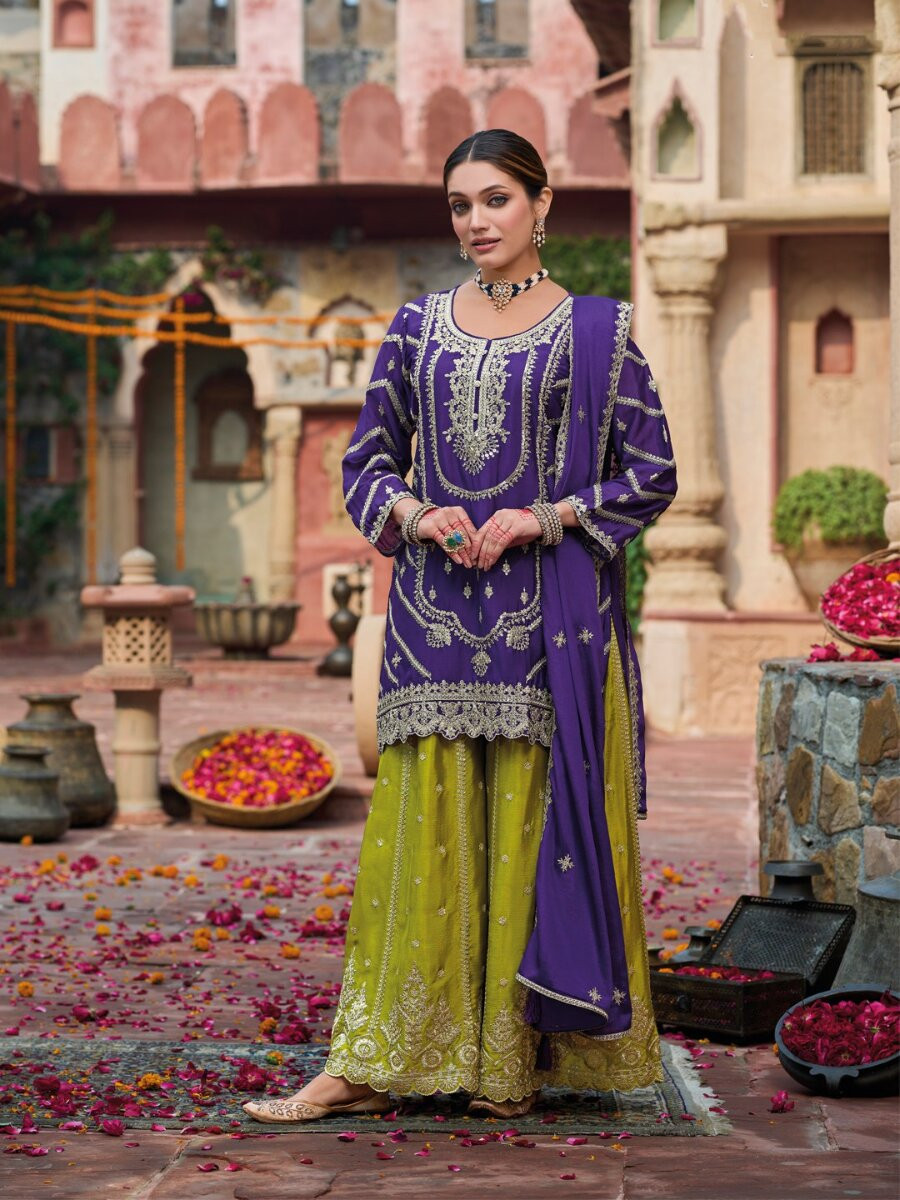 Purple Chinon Embroidery Wedding Party Festival Casual Ready Palazzo Pant Salwar Kameez