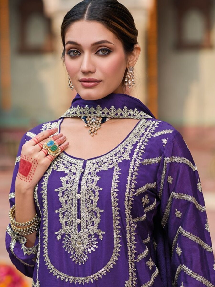 Purple Chinon Embroidery Wedding Party Festival Casual Ready Palazzo Pant Salwar Kameez