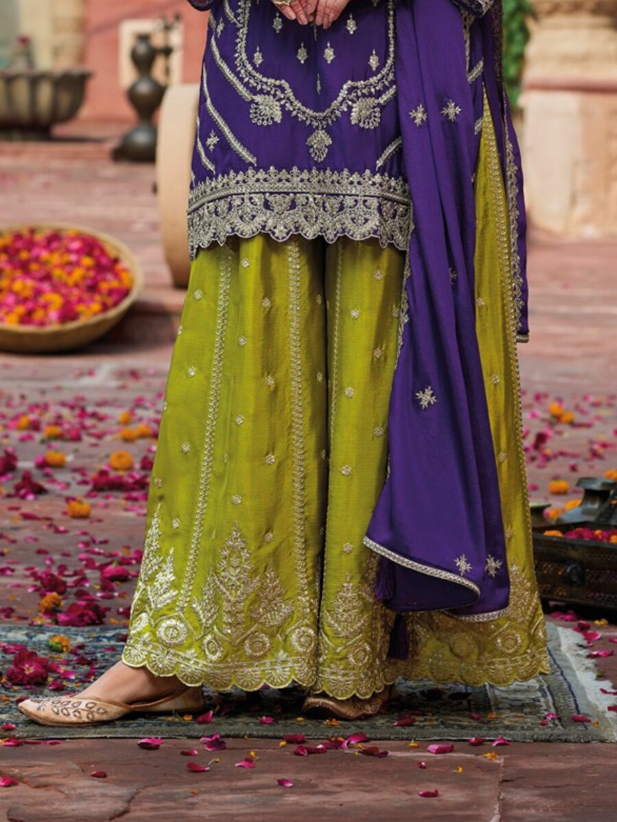 Purple Chinon Embroidery Wedding Party Festival Casual Ready Palazzo Pant Salwar Kameez