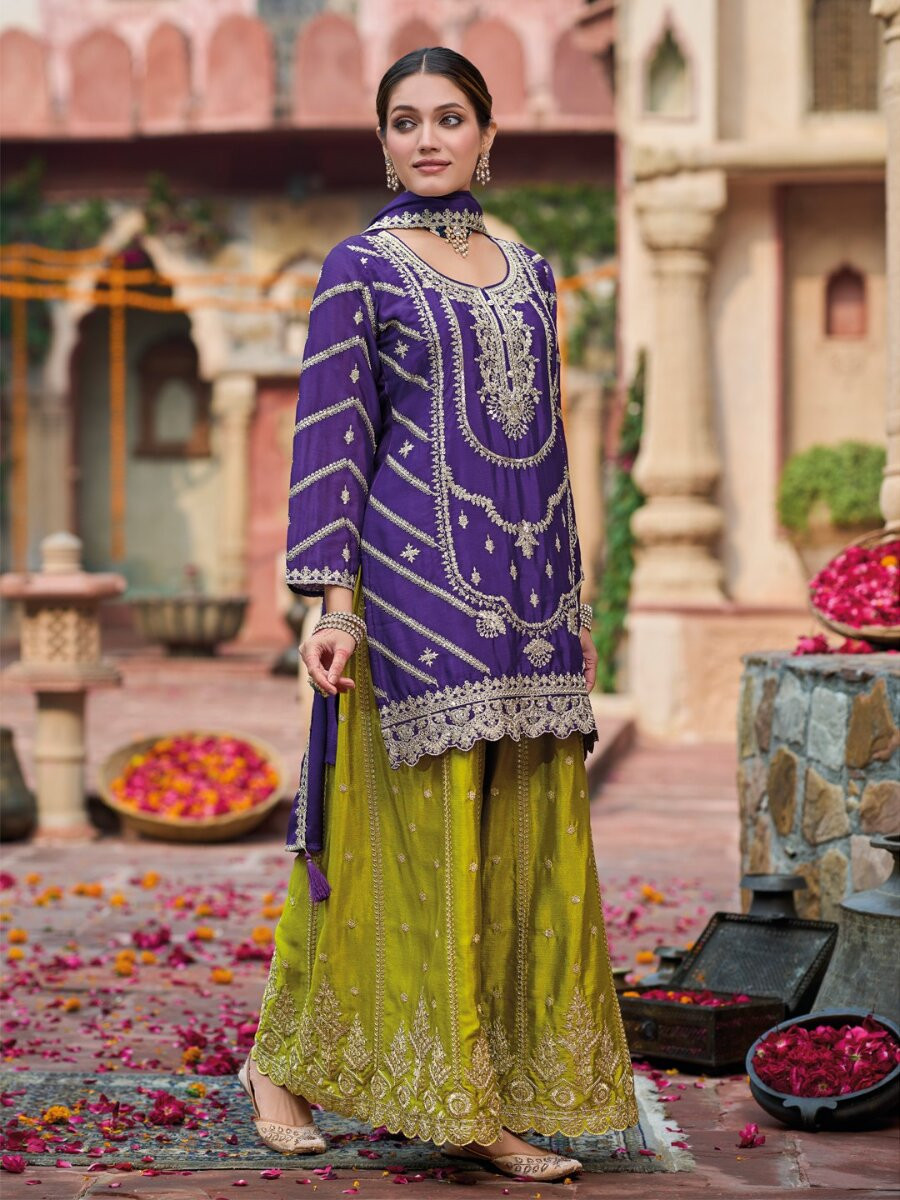 Purple Chinon Embroidery Wedding Party Festival Casual Ready Palazzo Pant Salwar Kameez