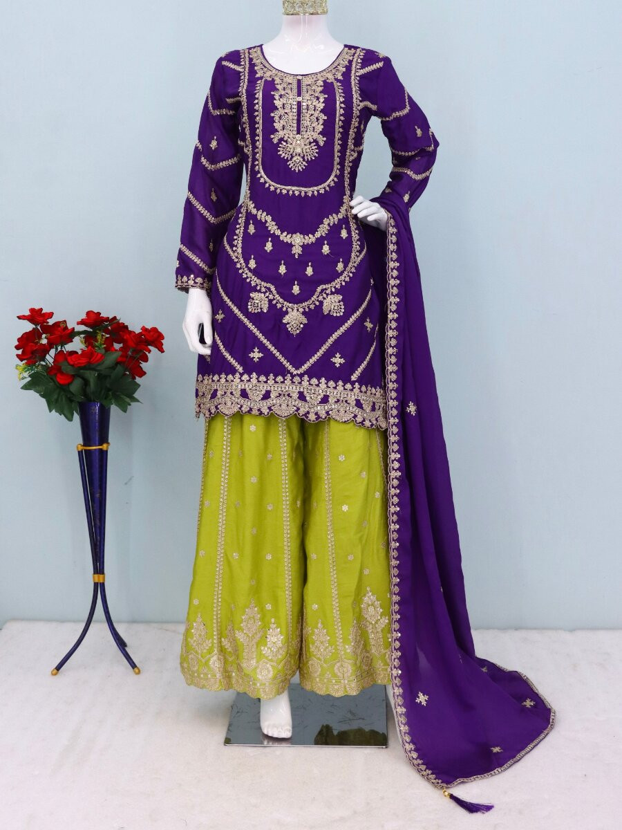 Purple Chinon Embroidery Wedding Party Festival Casual Ready Palazzo Pant Salwar Kameez