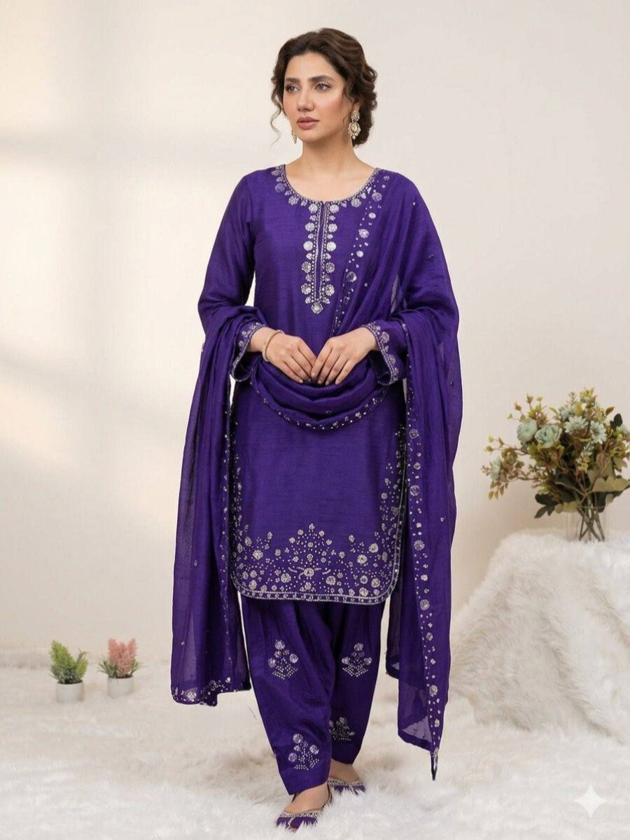 Purple Chinon Embroidery Wedding Party Festival Casual Ready Palazzo Pant Salwar Kameez