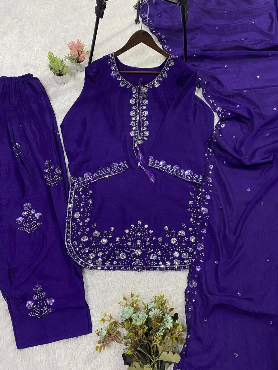Purple Chinon Embroidery Wedding Party Festival Casual Ready Palazzo Pant Salwar Kameez