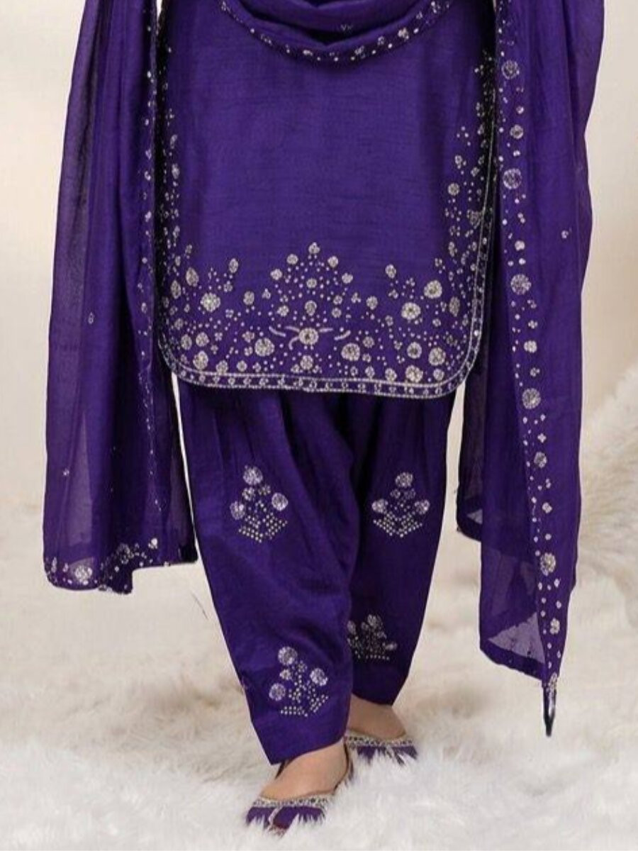 Purple Chinon Embroidery Wedding Party Festival Casual Ready Palazzo Pant Salwar Kameez