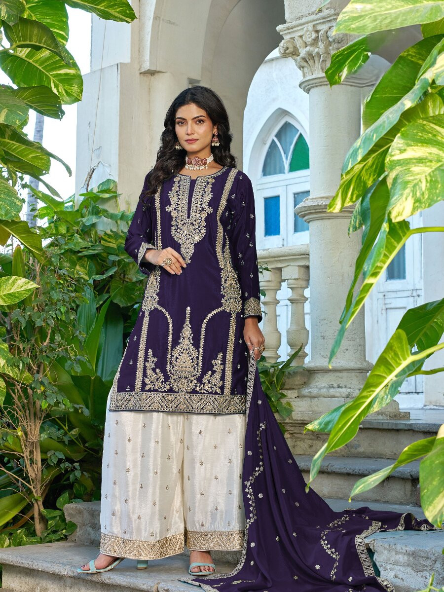 Purple Chinon Embroidery Zari Wedding Party Festival Casual Ready Palazzo Palazzo Pant Salwar Kameez