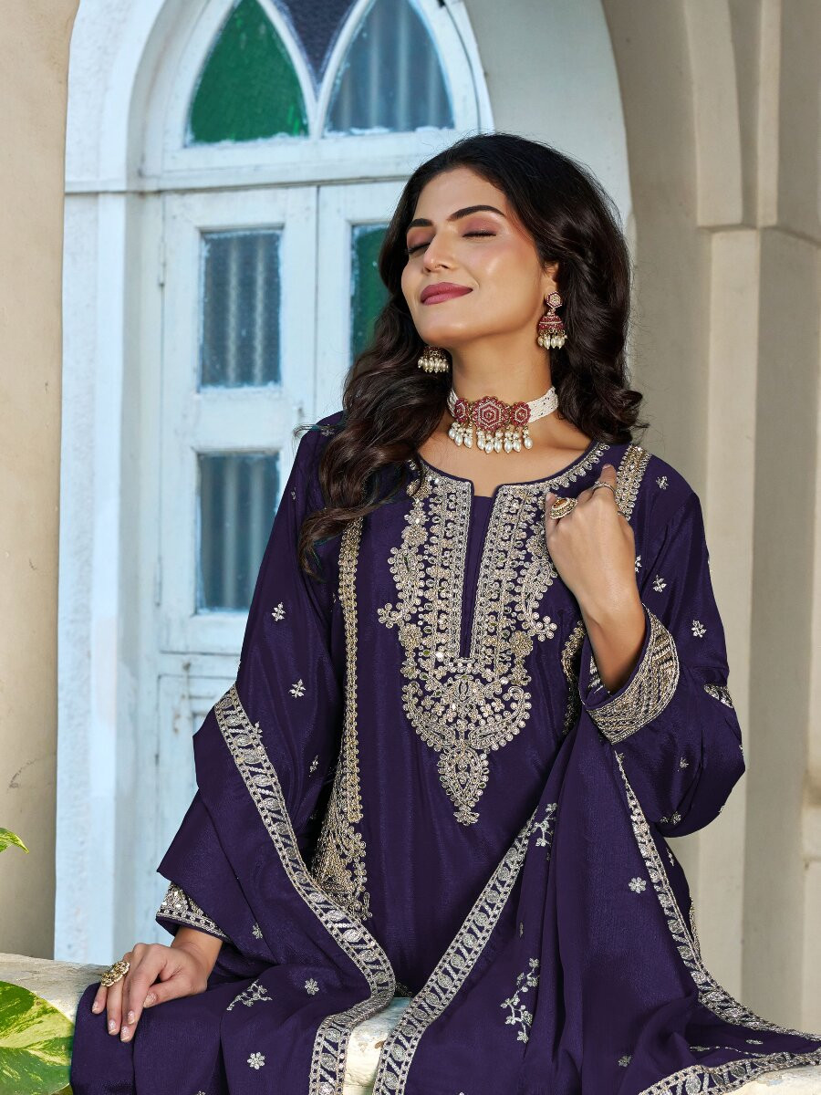 Purple Chinon Embroidery Zari Wedding Party Festival Casual Ready Palazzo Palazzo Pant Salwar Kameez