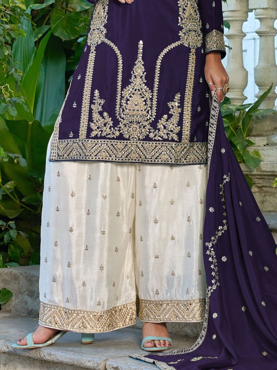 Purple Chinon Embroidery Zari Wedding Party Festival Casual Ready Palazzo Palazzo Pant Salwar Kameez