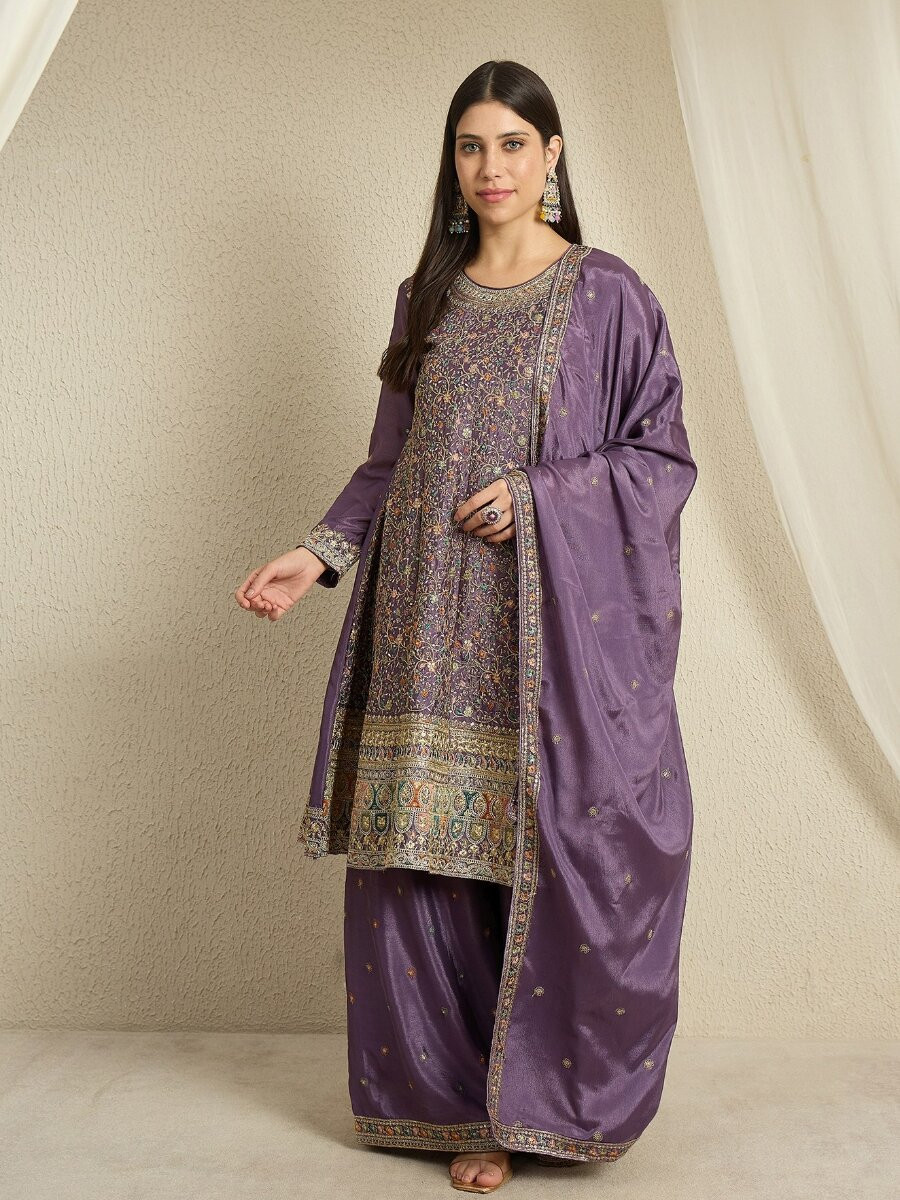 Purple Chinon Embroidery Zari Wedding Party Festival Casual Ready Palazzo Pant Salwar Kameez
