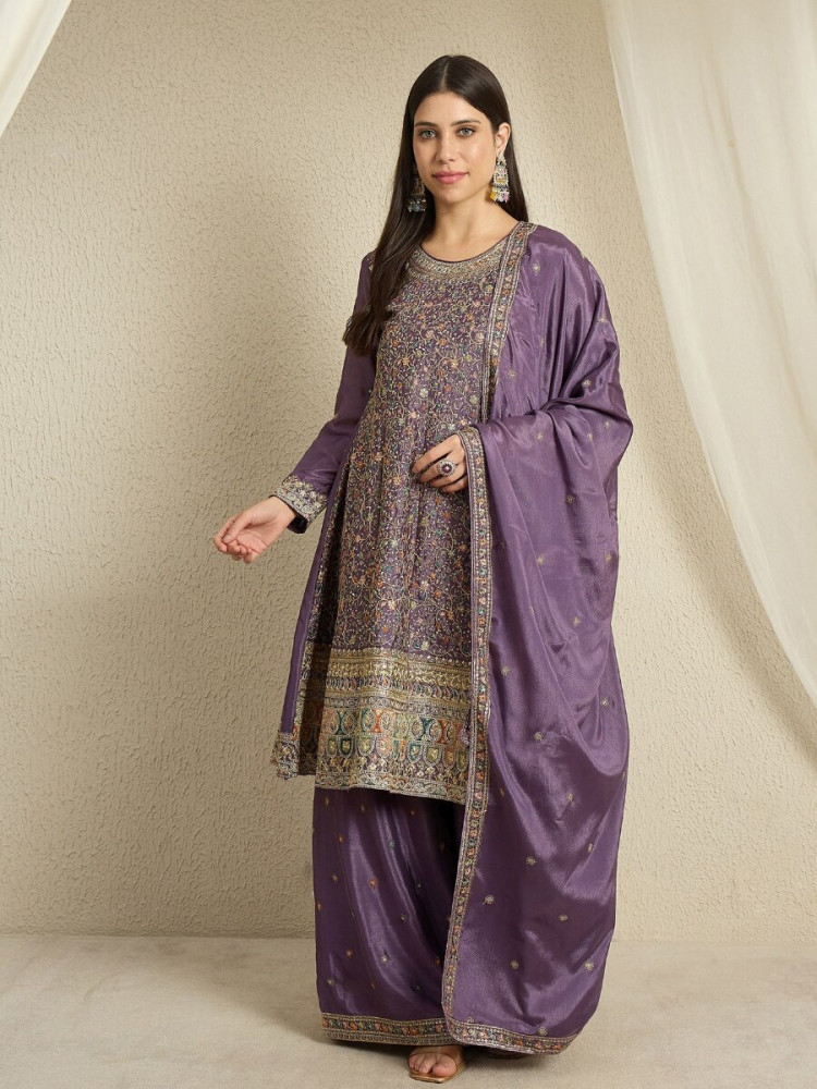 Image of Purple Chinon Embroidery Zari Wedding Party Festival Casual Ready Palazzo Pant Salwar Kameez