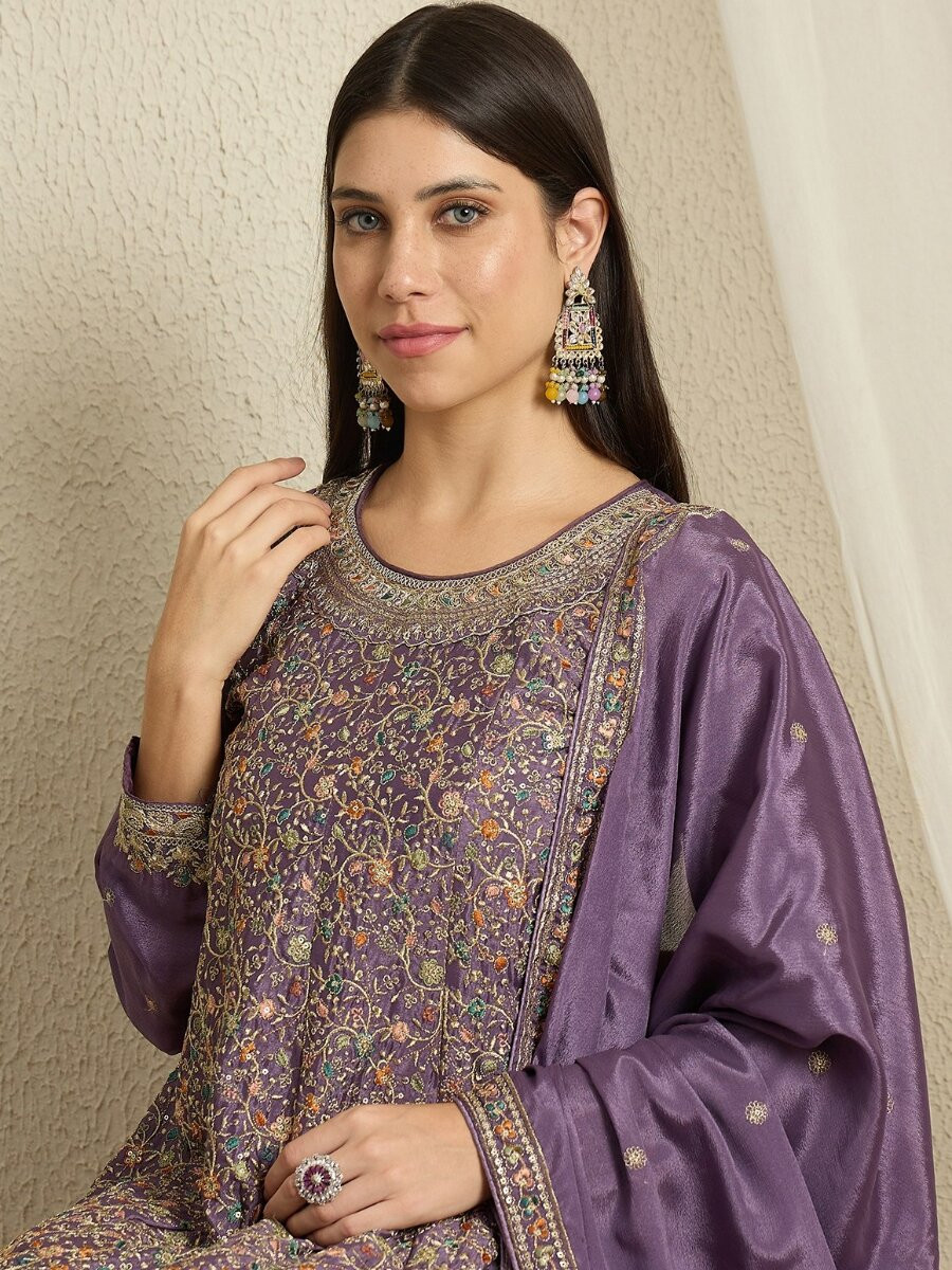 Purple Chinon Embroidery Zari Wedding Party Festival Casual Ready Palazzo Pant Salwar Kameez