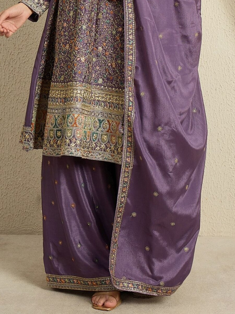 Purple Chinon Embroidery Zari Wedding Party Festival Casual Ready Palazzo Pant Salwar Kameez