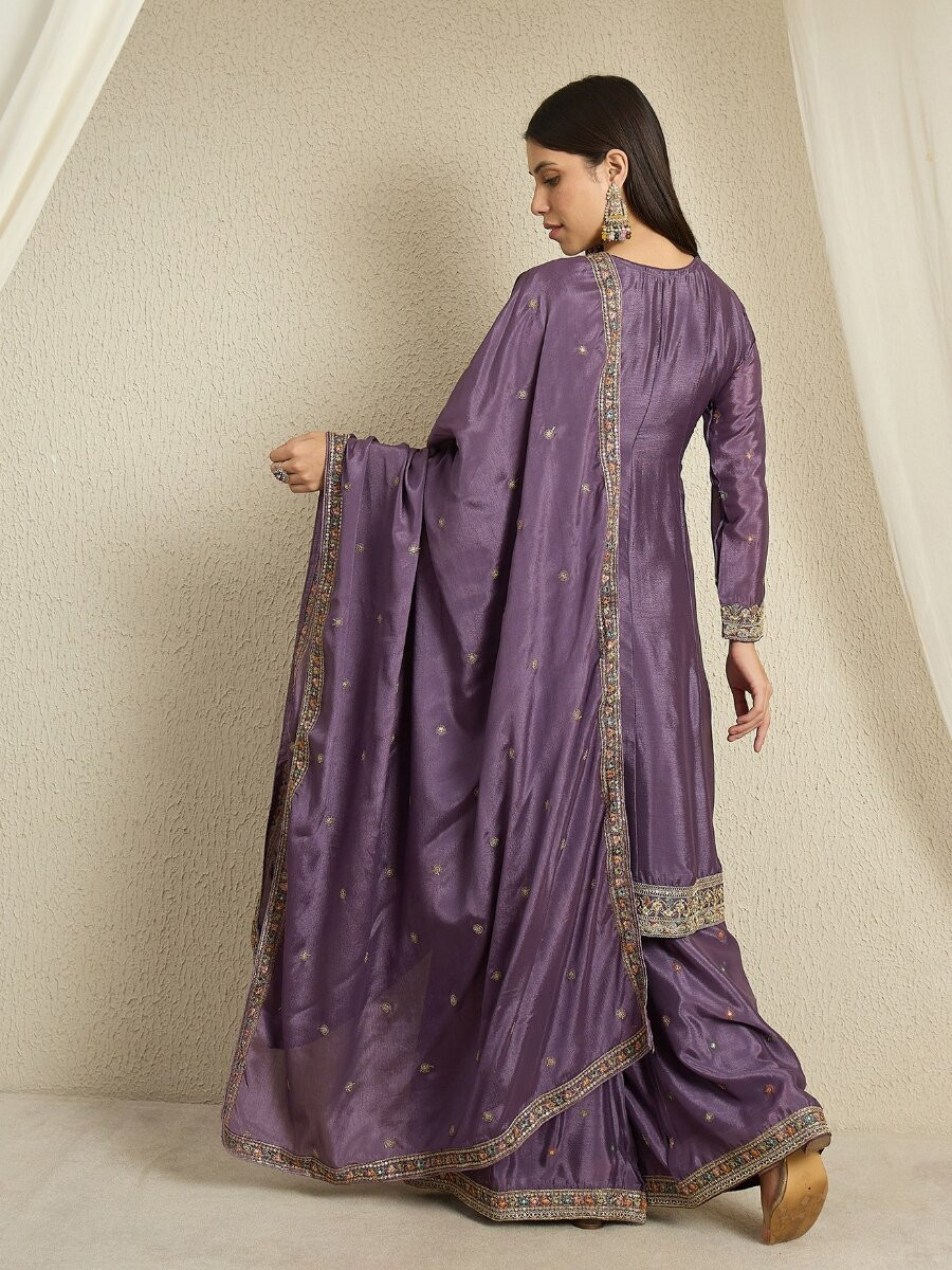 Purple Chinon Embroidery Zari Wedding Party Festival Casual Ready Palazzo Pant Salwar Kameez