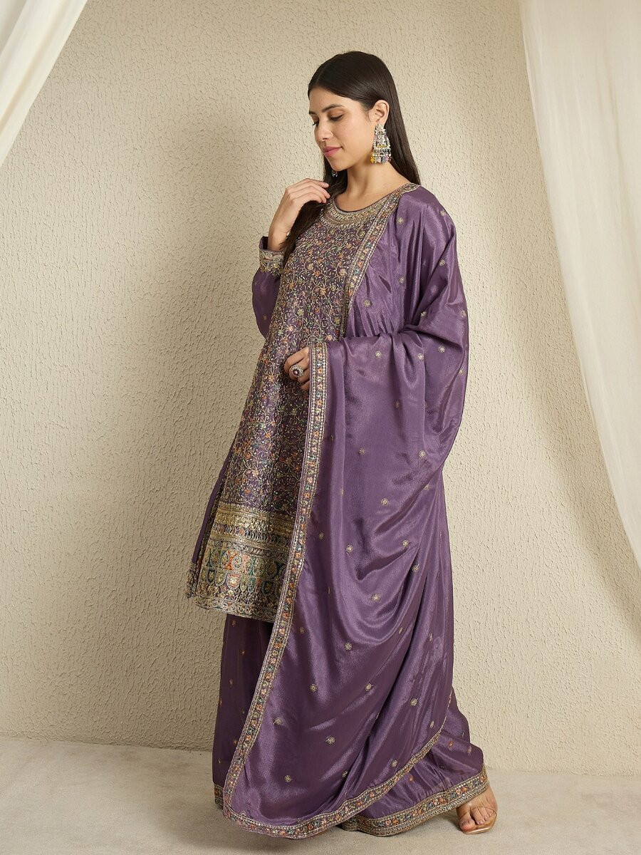 Purple Chinon Embroidery Zari Wedding Party Festival Casual Ready Palazzo Pant Salwar Kameez
