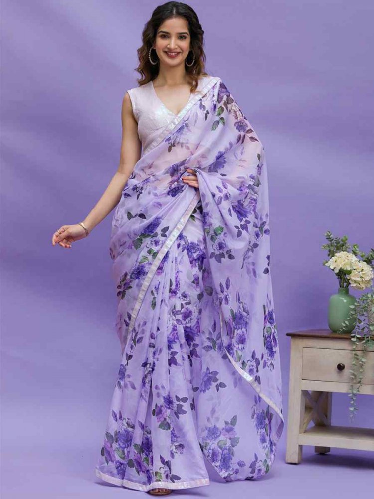 Purple Chinon Printed Casual Festival Classic Style Saree