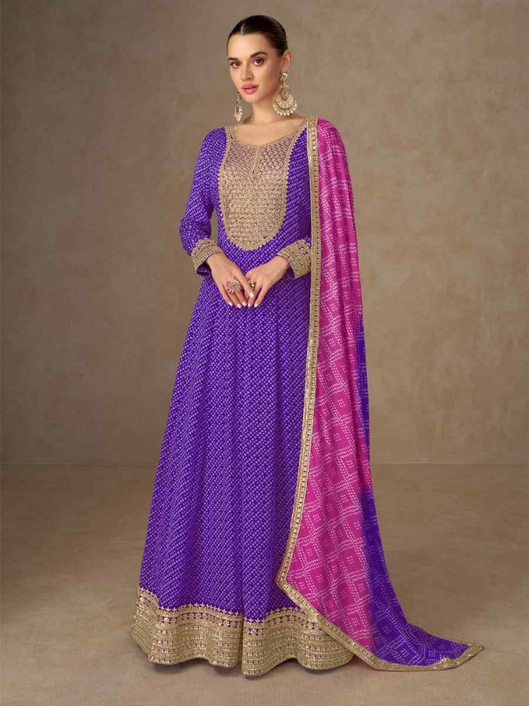 Image of Purple Chinon Printed Women Wear, Embroidered Women Wear Festival Casual Wedding Gown