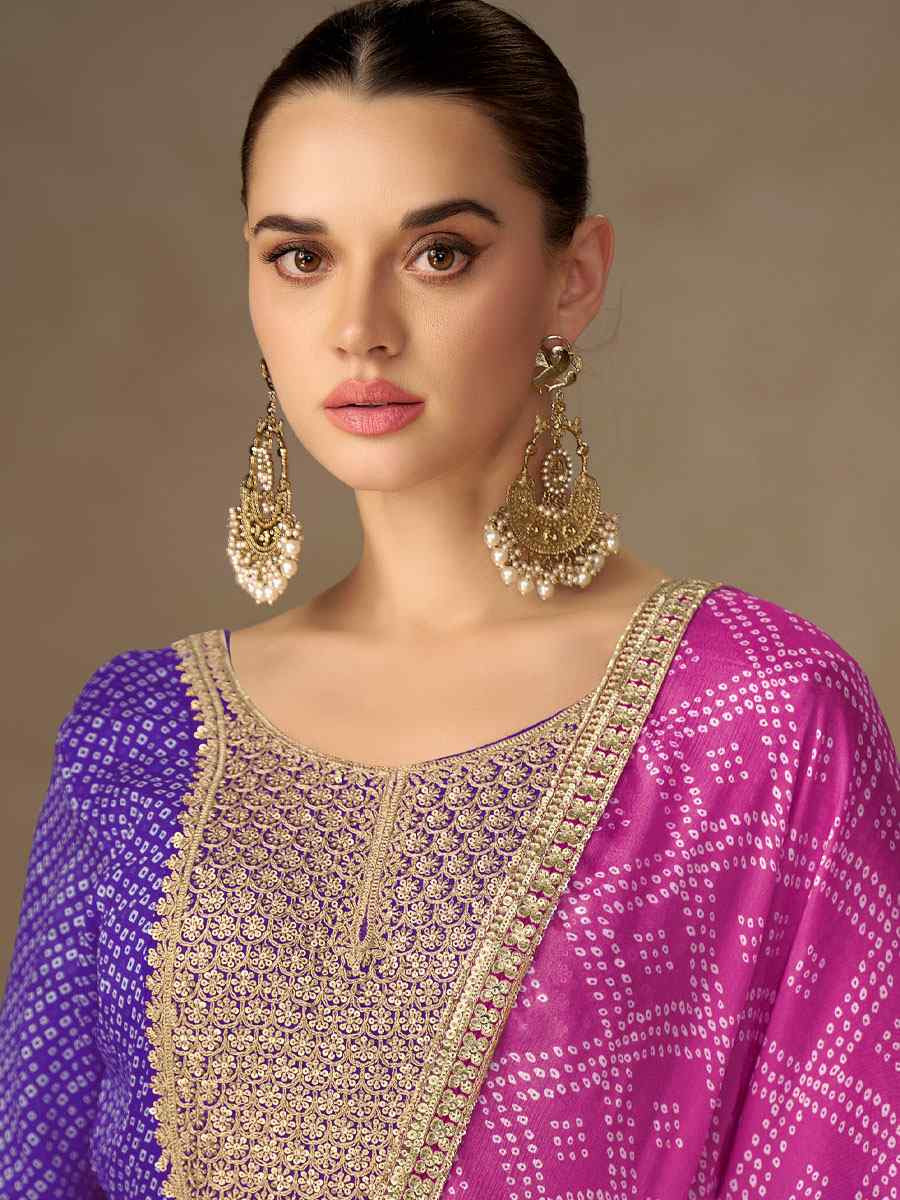 Purple Chinon Printed Women Wear Embroidered Women Wear Festival Casual Wedding Gown