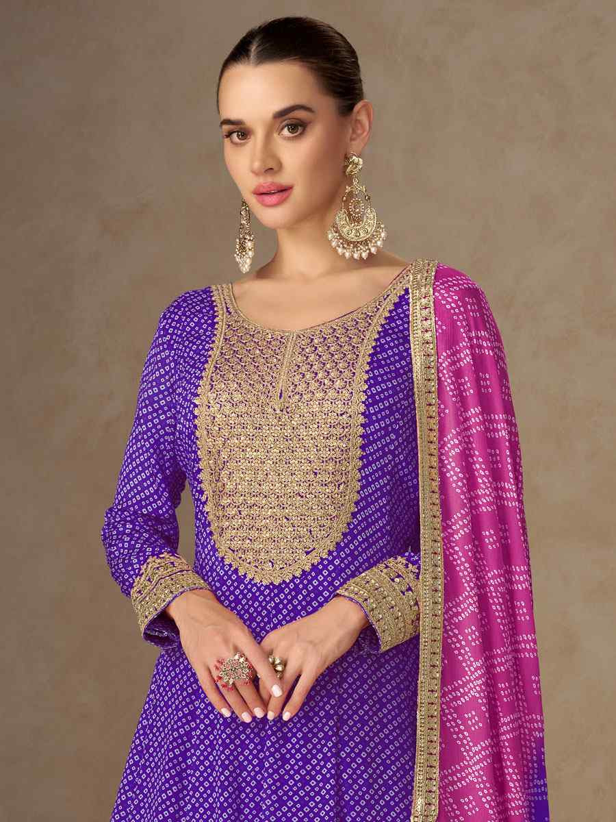 Purple Chinon Printed Women Wear Embroidered Women Wear Festival Casual Wedding Gown