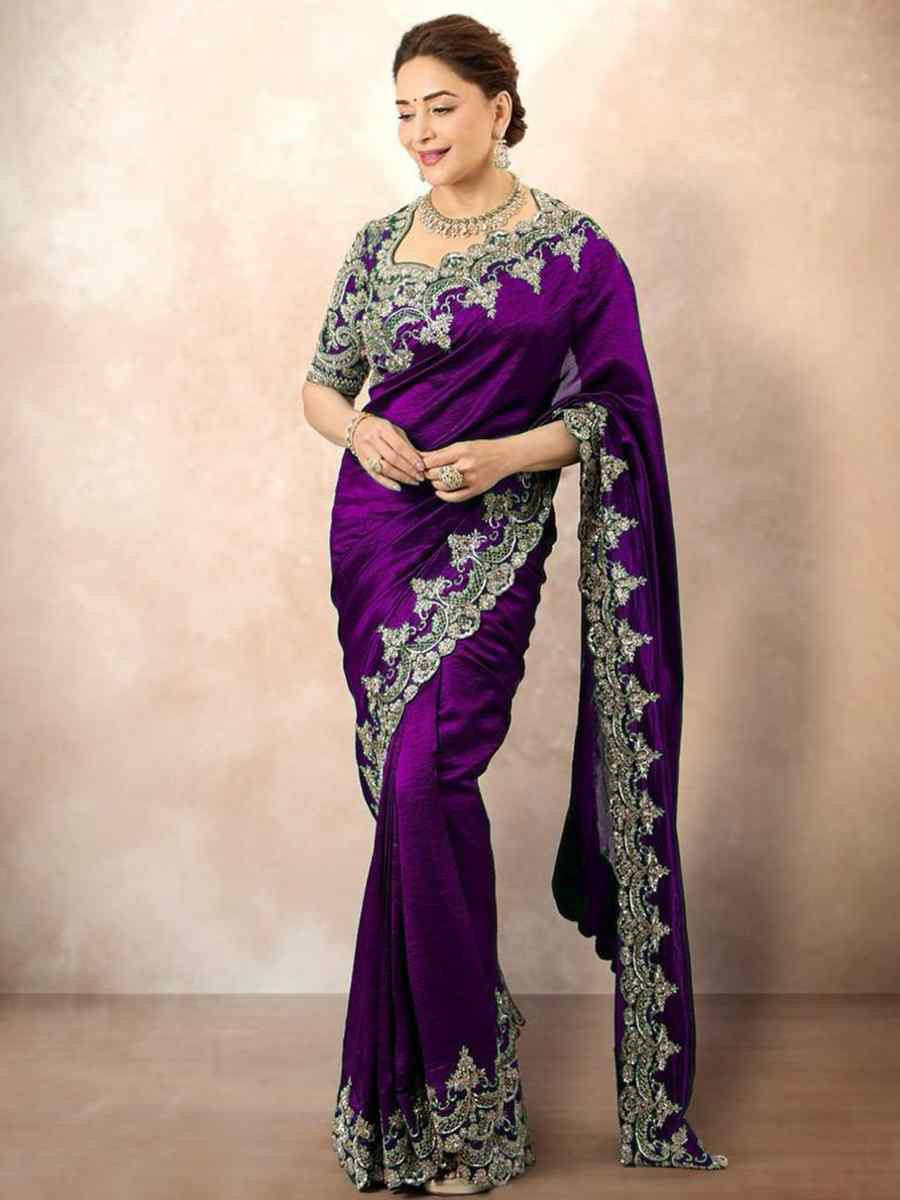 Purple Chinon Silk Embroidered Festival Wedding Fancy Heavy Border Saree