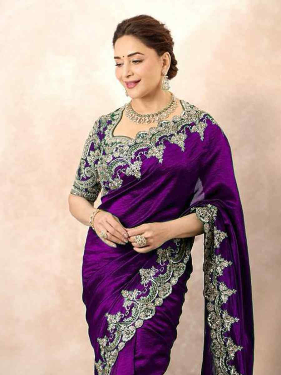 Purple Chinon Silk Embroidered Festival Wedding Fancy Heavy Border Saree