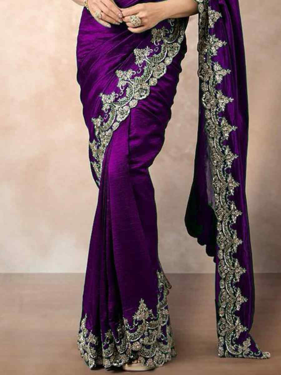 Purple Chinon Silk Embroidered Festival Wedding Fancy Heavy Border Saree