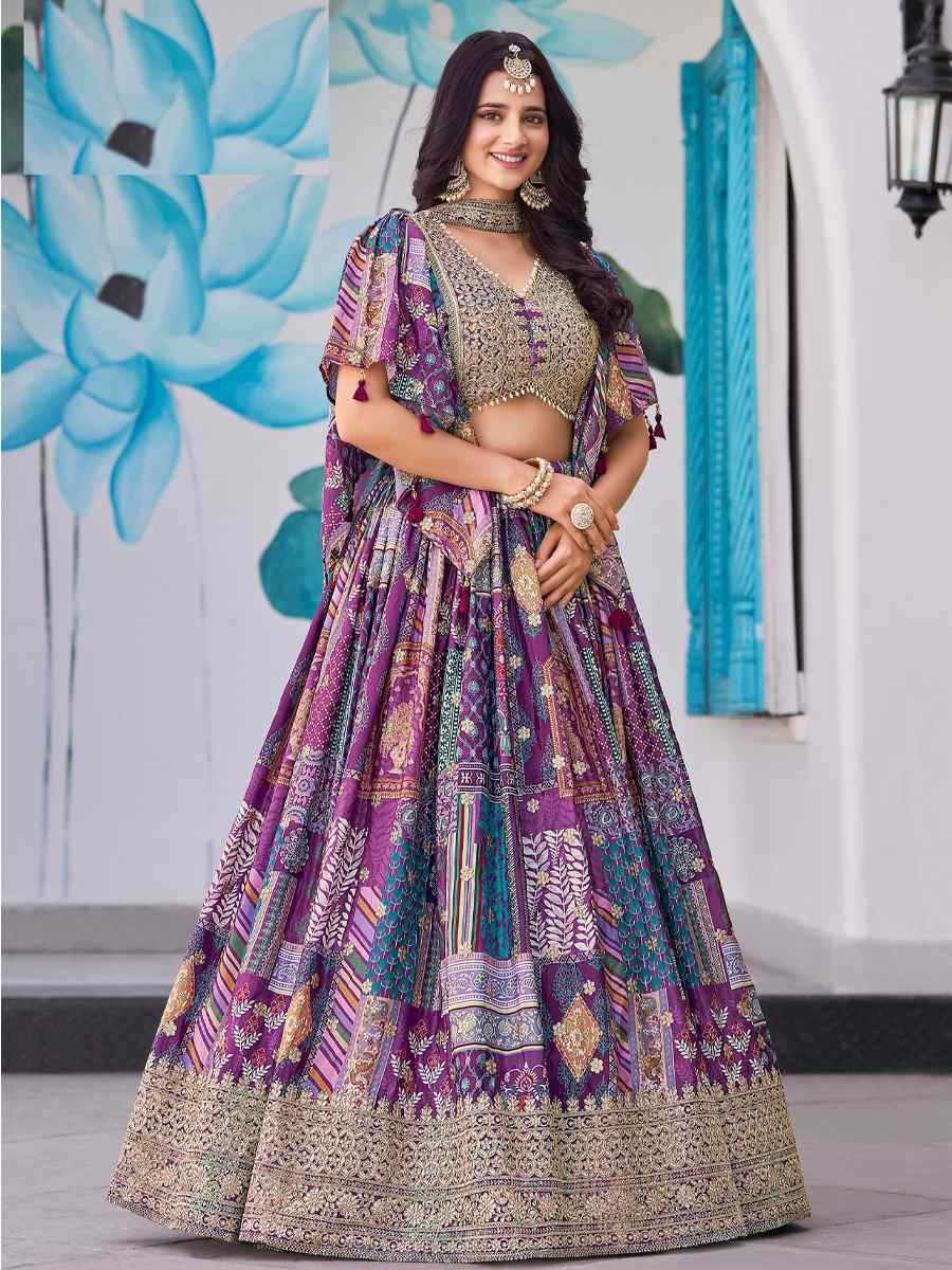 Purple Chinon Silk Embroidered Wedding Reception Festival Heavy Border Lehenga Choli