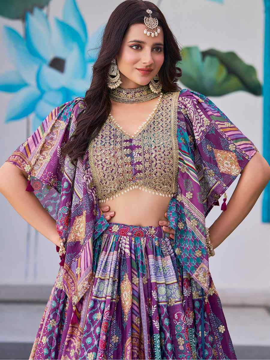 Purple Chinon Silk Embroidered Wedding Reception Festival Heavy Border Lehenga Choli