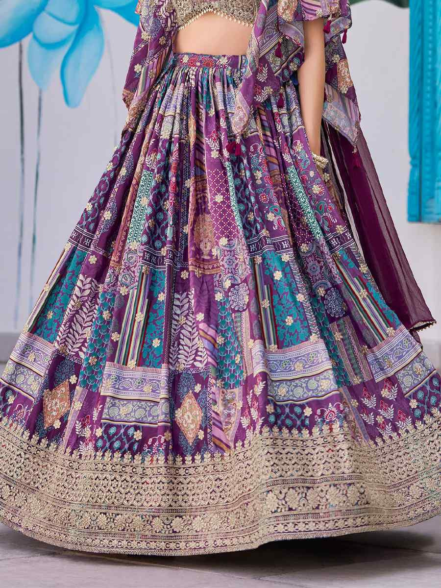 Purple Chinon Silk Embroidered Wedding Reception Festival Heavy Border Lehenga Choli