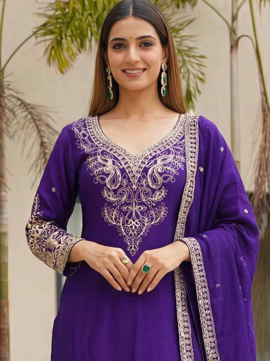 Purple Chinon Silk Embroidery Party Wedding Festival Casual Ready Palazzo Pant Salwar Kameez