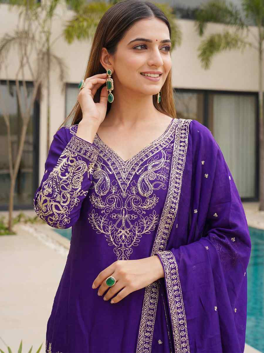 Purple Chinon Silk Embroidery Party Wedding Festival Casual Ready Palazzo Pant Salwar Kameez