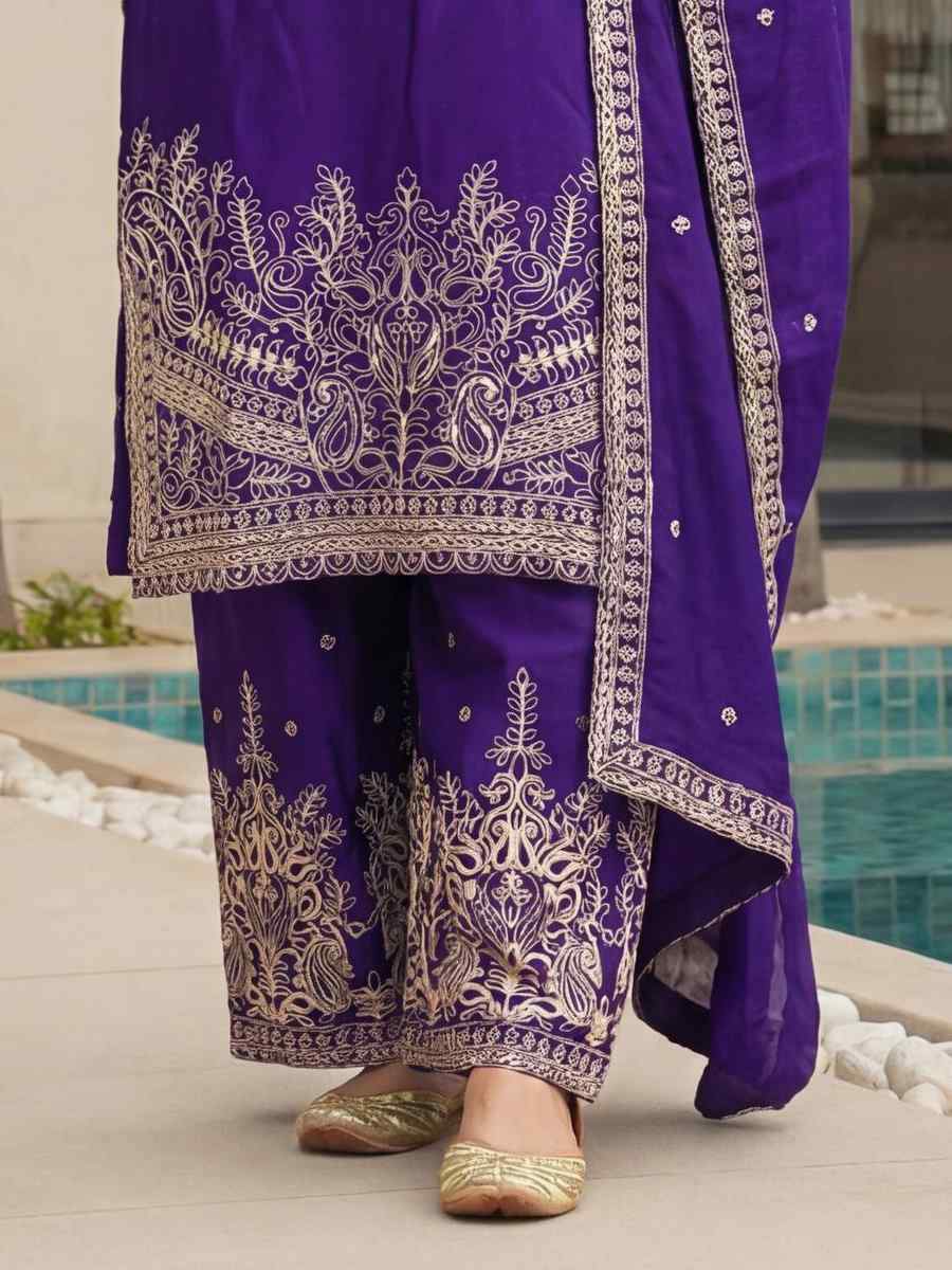 Purple Chinon Silk Embroidery Party Wedding Festival Casual Ready Palazzo Pant Salwar Kameez
