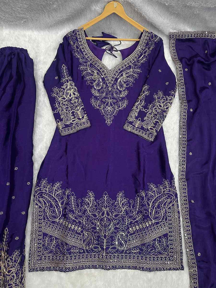 Purple Chinon Silk Embroidery Party Wedding Festival Casual Ready Palazzo Pant Salwar Kameez