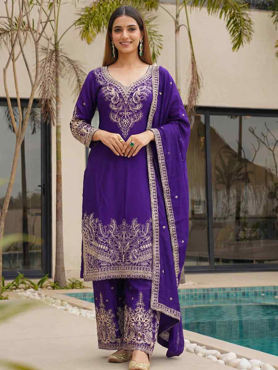 Purple Chinon Silk Embroidery Party Wedding Festival Casual Ready Palazzo Pant Salwar Kameez