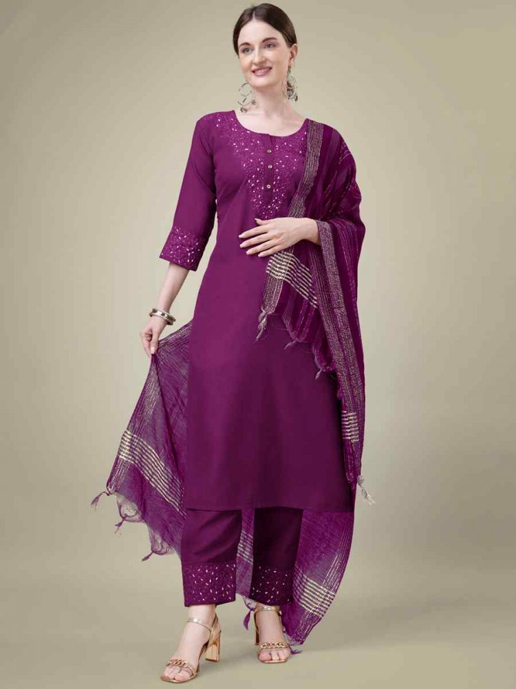 Purple Cotton Blend Embroidered Festival Casual Ready Pant Salwar Kameez