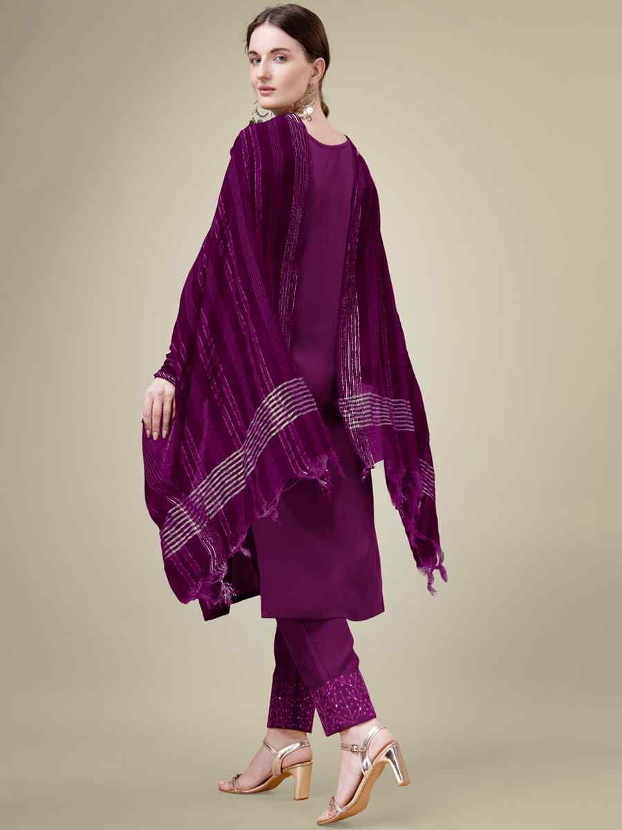 Purple Cotton Blend Embroidered Festival Casual Ready Pant Salwar Kameez