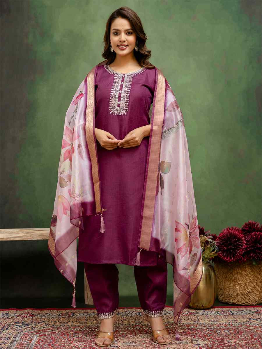 Purple Cotton Blend Embroidery Party Wedding Festival Casual Ready Pant Salwar Kameez