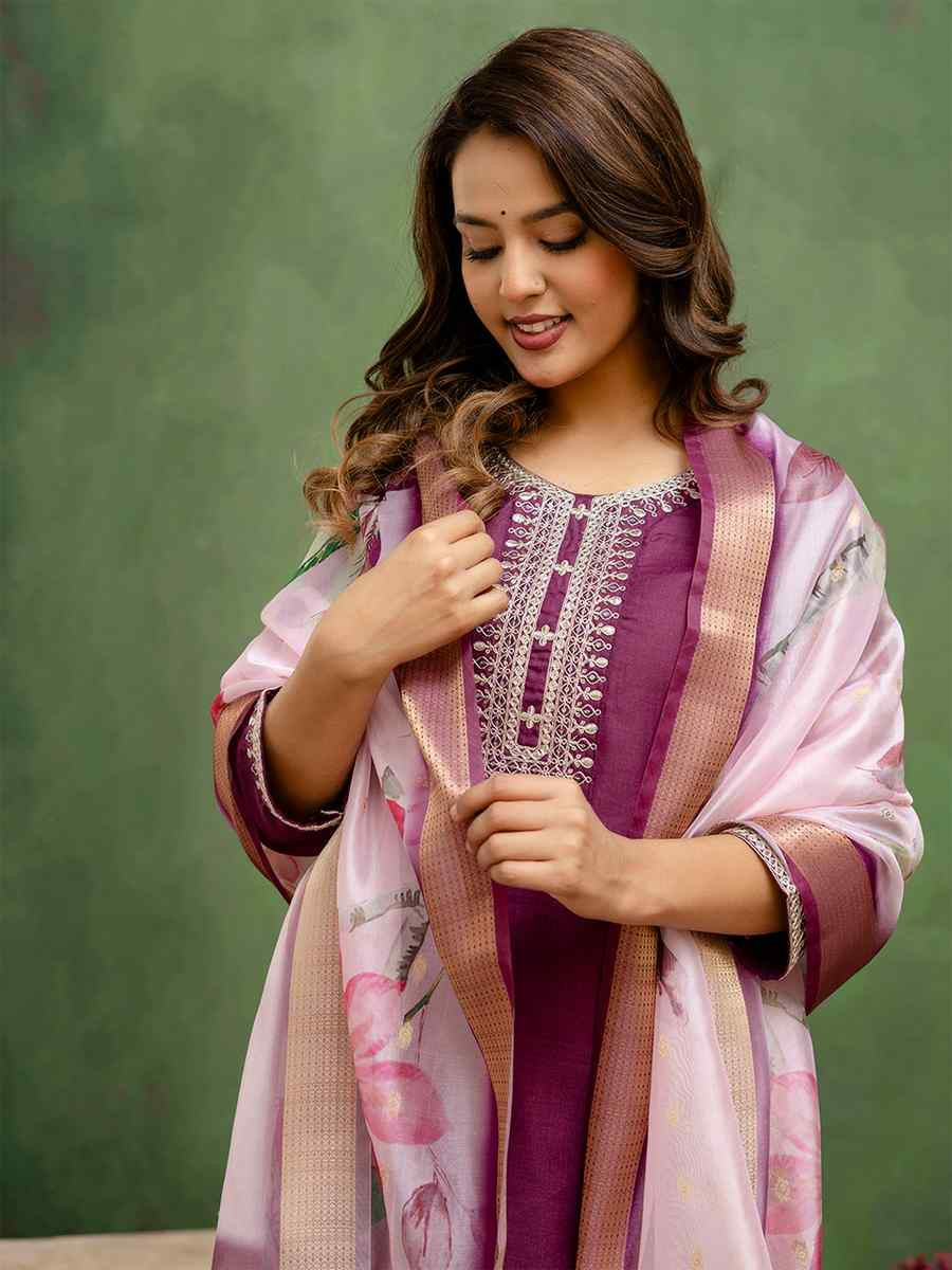 Purple Cotton Blend Embroidery Party Wedding Festival Casual Ready Pant Salwar Kameez