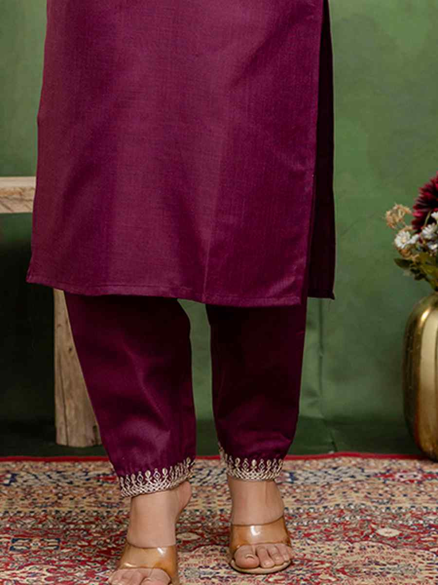 Purple Cotton Blend Embroidery Party Wedding Festival Casual Ready Pant Salwar Kameez