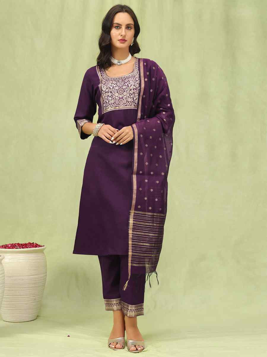 Purple Cotton Blend Embroidery Party Wedding Festival Casual Ready Pant Salwar Kameez