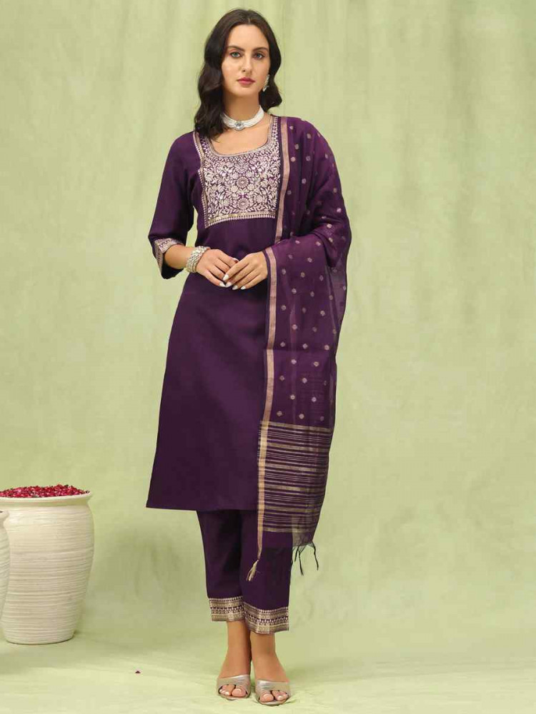 Image of Purple Cotton Blend Embroidery Party Wedding Festival Casual Ready Pant Salwar Kameez